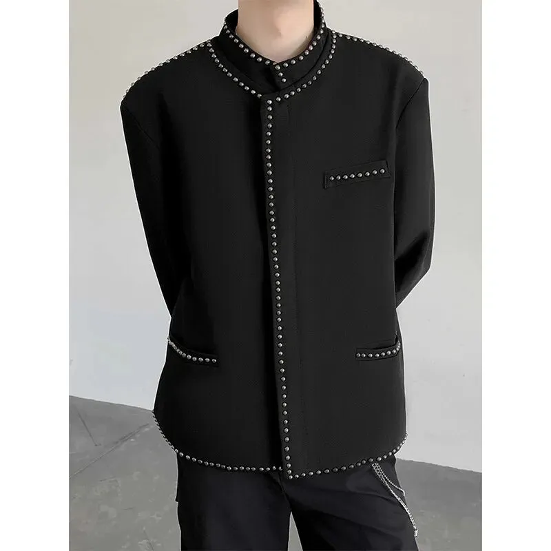Chicmy-Korean Style Rivet Design Blazers Men's Black Stand Collar Casual Suit Jacket Top Quality Male Solid Color Long Sleeve Cardigan