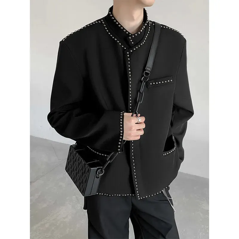 Chicmy-Korean Style Rivet Design Blazers Men's Black Stand Collar Casual Suit Jacket Top Quality Male Solid Color Long Sleeve Cardigan