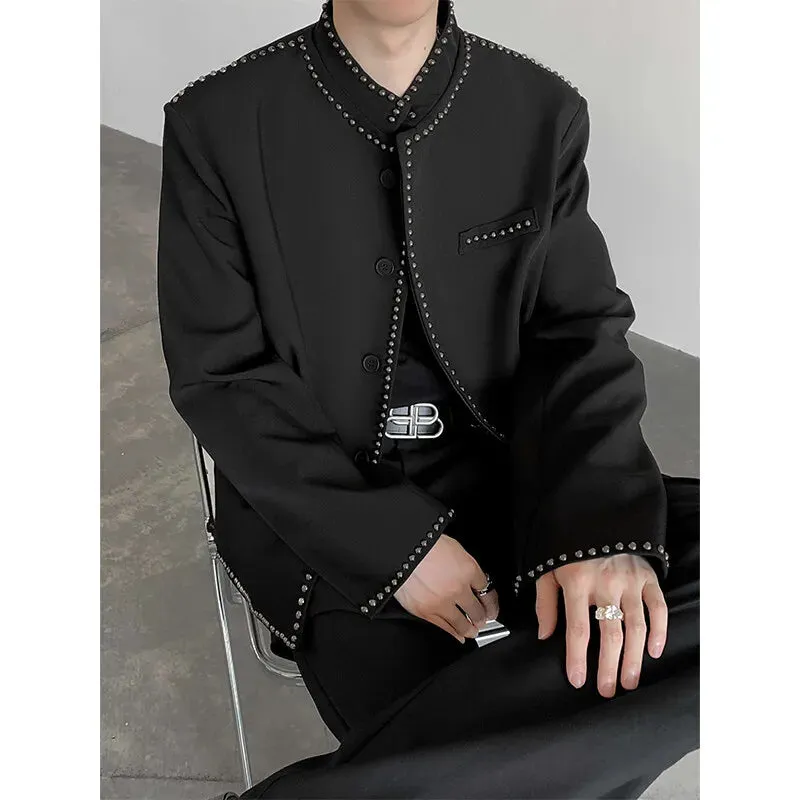 Chicmy-Korean Style Rivet Design Blazers Men's Black Stand Collar Casual Suit Jacket Top Quality Male Solid Color Long Sleeve Cardigan