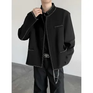 Chicmy-Korean Style Rivet Design Blazers Men's Black Stand Collar Casual Suit Jacket Top Quality Male Solid Color Long Sleeve Cardigan
