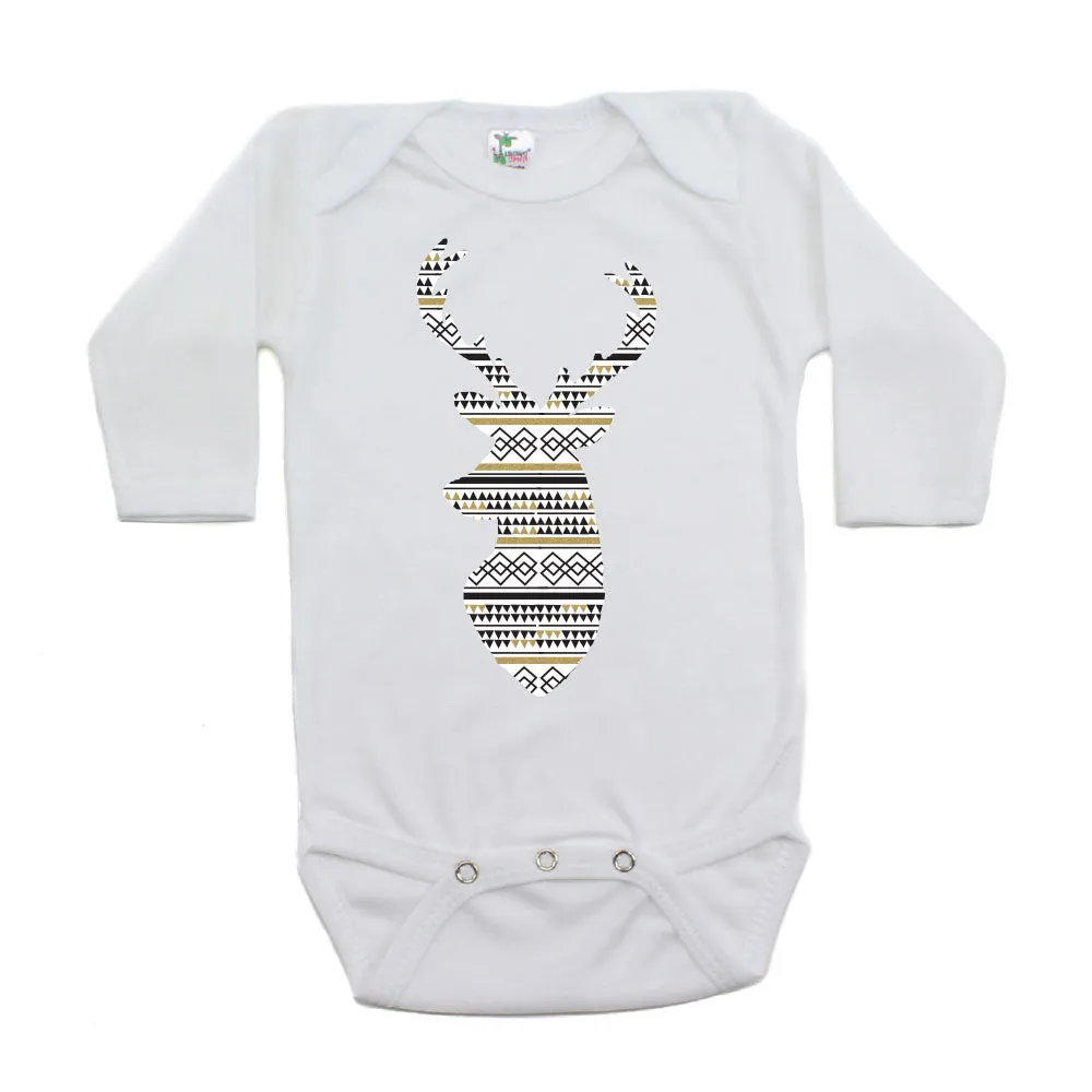 Christmas Aztec Pattern Deer Long Sleeve 100% Cotton Bodysuit,