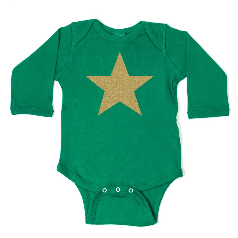 Christmas Big Gold Glitter, Black, And White Star Long Sleeve Infant Bodysuit