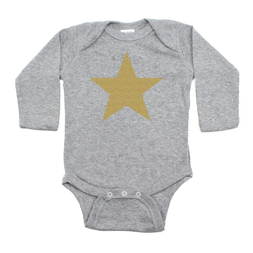 Christmas Big Gold Glitter, Black, And White Star Long Sleeve Infant Bodysuit