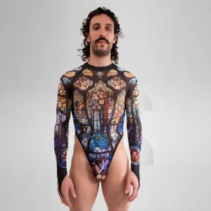 Church Print Longsleeve Mesh Thong Bodysuit