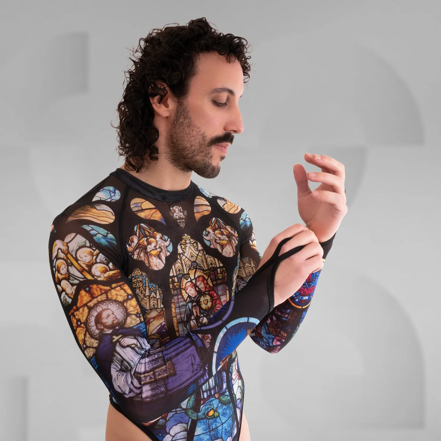 Church Print Longsleeve Mesh Thong Bodysuit