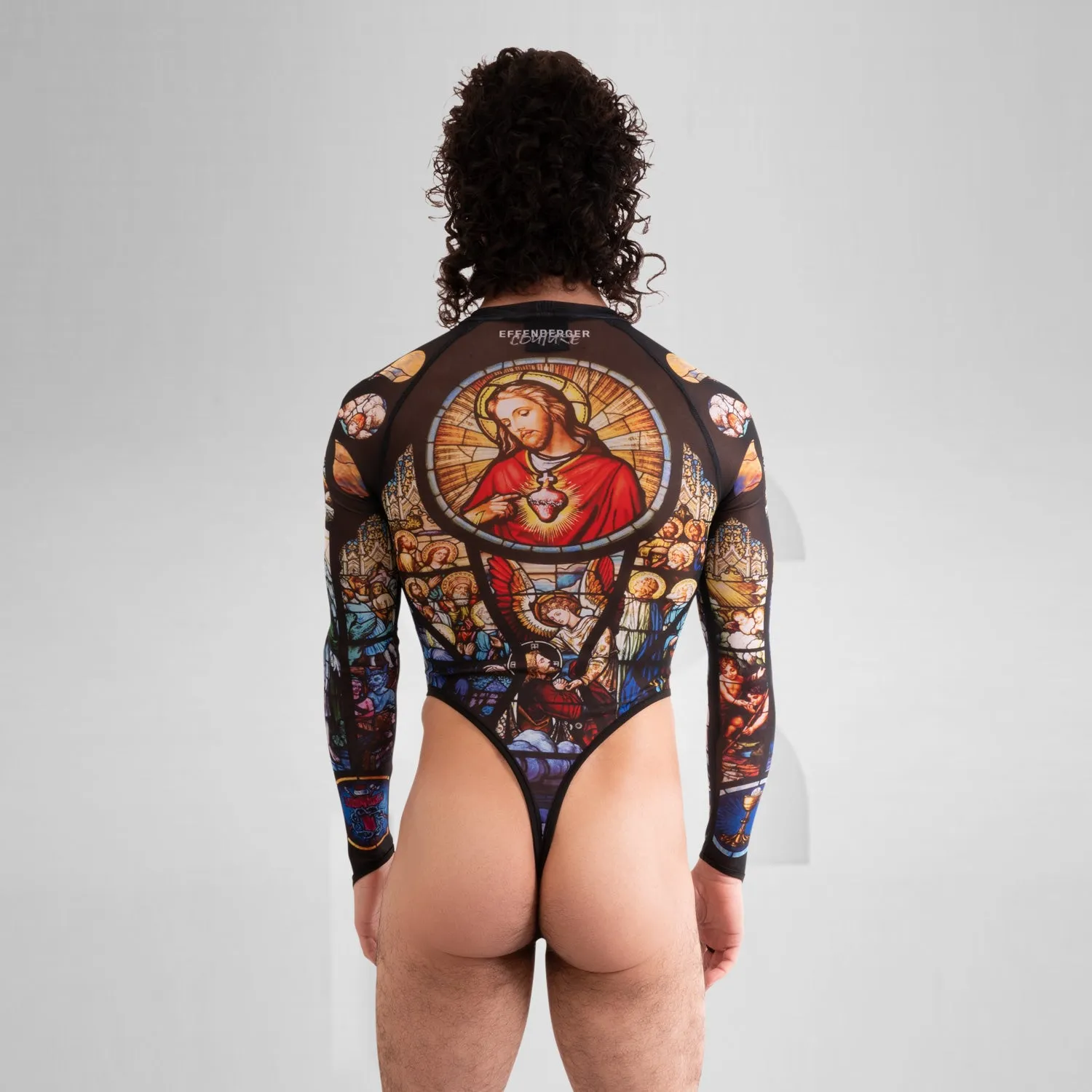 Church Print Longsleeve Mesh Thong Bodysuit