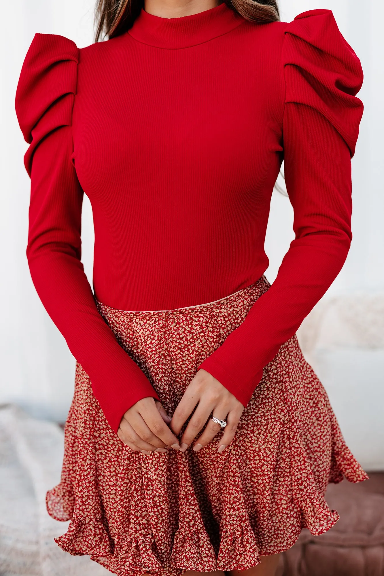 Confident & Poised Ribbed Puff Shoulder Bodysuit (Red)