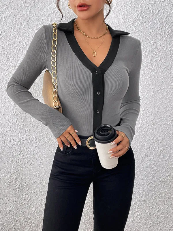 Contrast Ribbed Fall Bodysuit Long-Sleeve Top