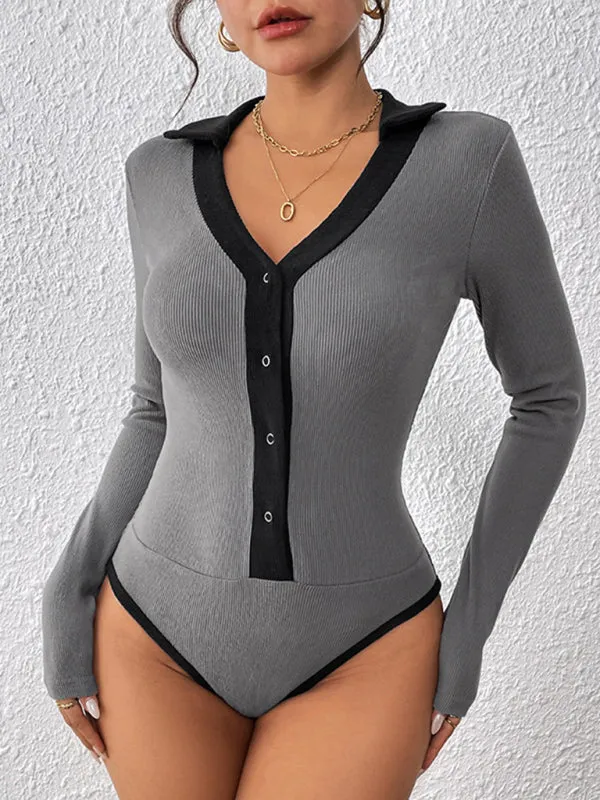 Contrast Ribbed Fall Bodysuit Long-Sleeve Top
