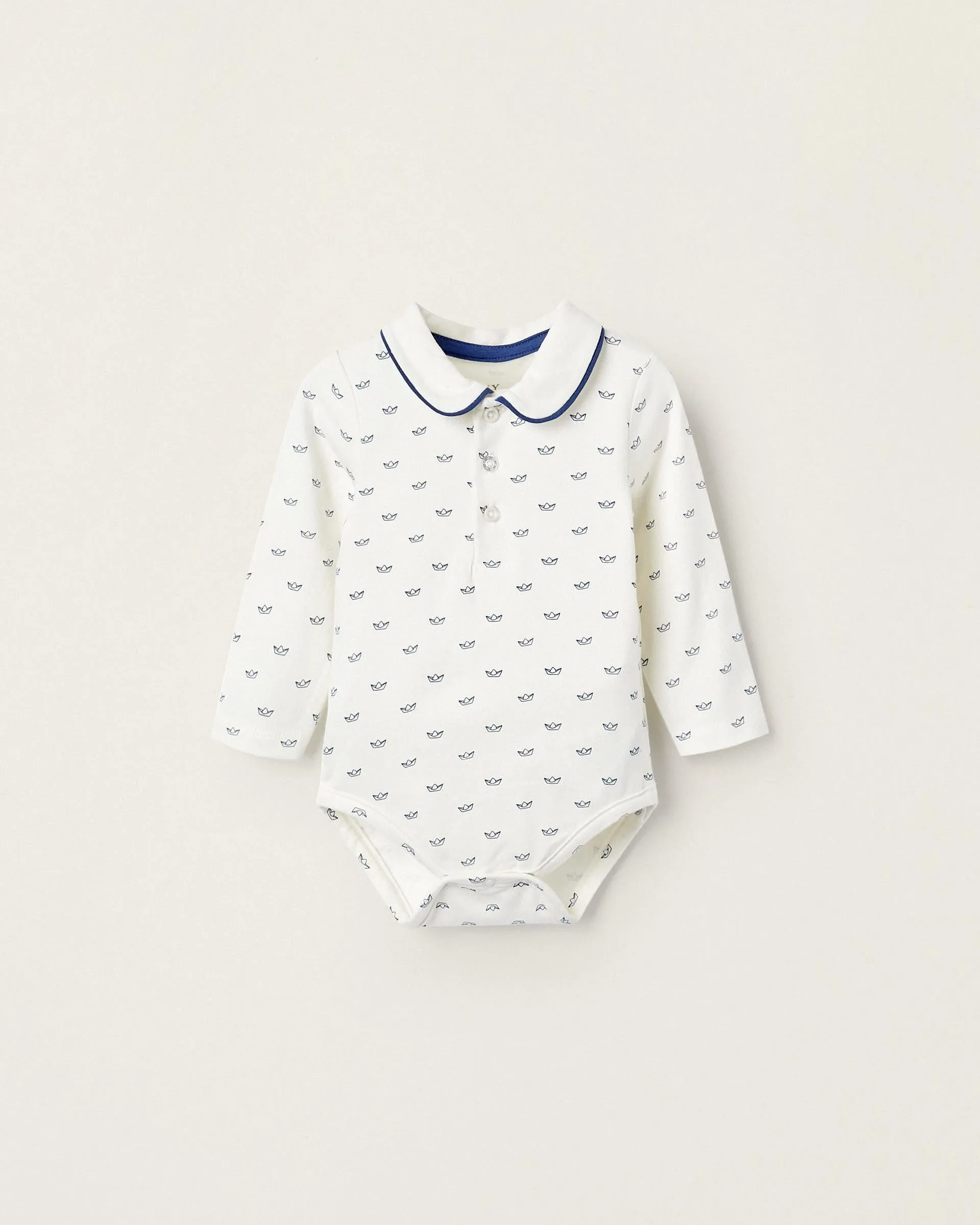 Cotton Bodysuit for Newborn Boys 'Paper Boats', White/Blue