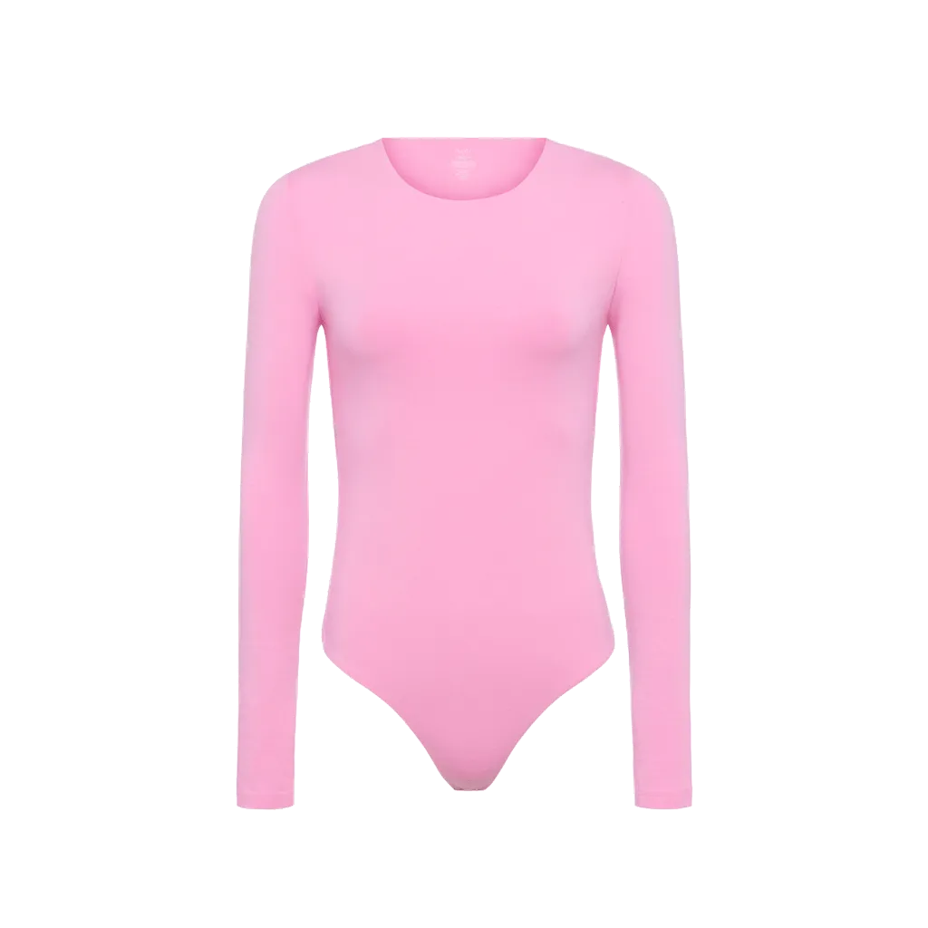 Cotton Stretch Long Sleeve Crewneck Bodysuit | Bubblegum Pink