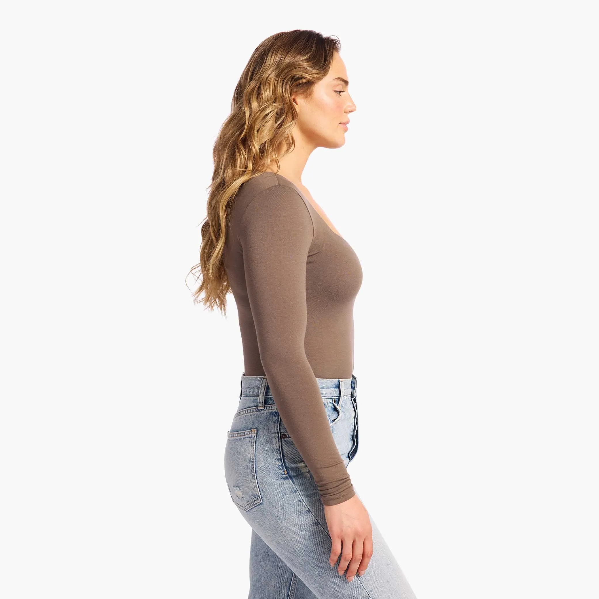 Cotton Stretch Long Sleeve Square Neck Bodysuit | Mocha