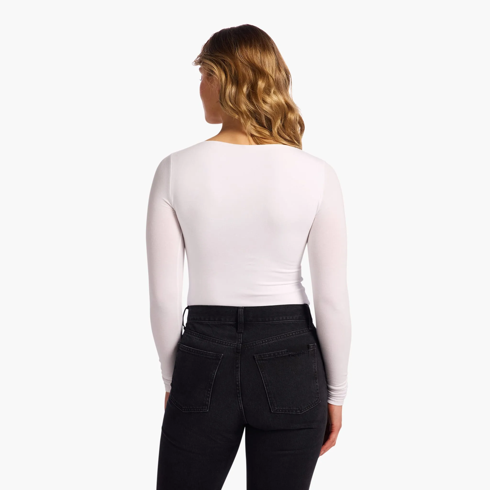 Cotton Stretch Long Sleeve Square Neck Bodysuit | White