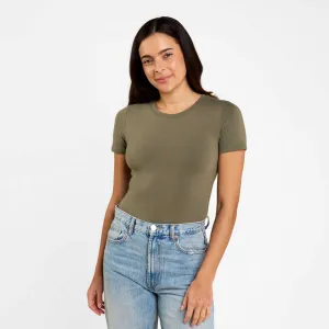 Cotton Stretch Short Sleeve Crewneck Bodysuit | Olive