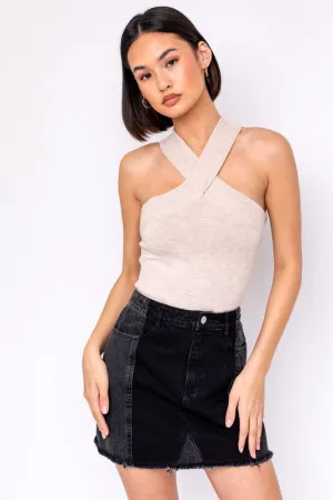 Criss cross halter sweater bodysuit