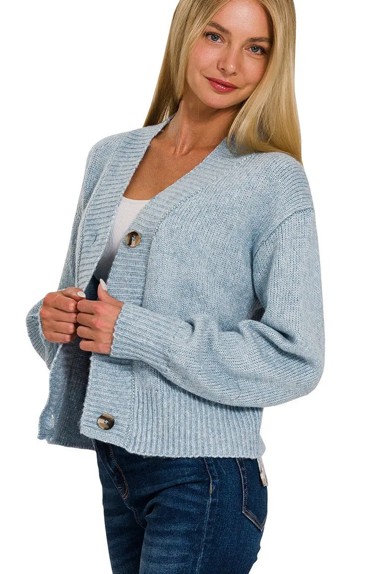 Cropped Button Cardigan Sweater - Blue Grey