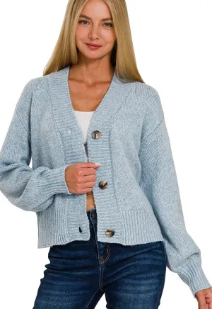 Cropped Button Cardigan Sweater - Blue Grey