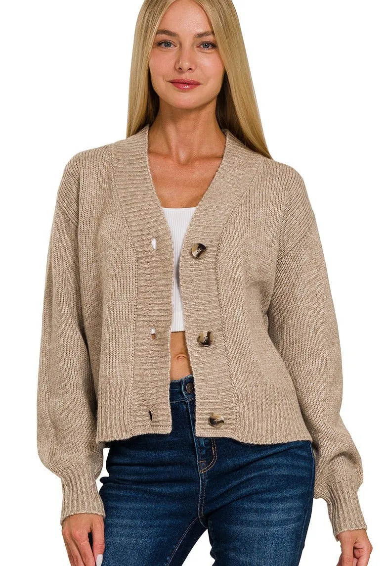 Cropped Button Cardigan Sweater - Latte
