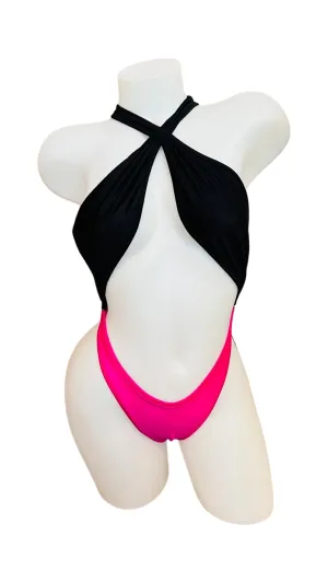 Cross Shoulder Bodysuit Black/Pink