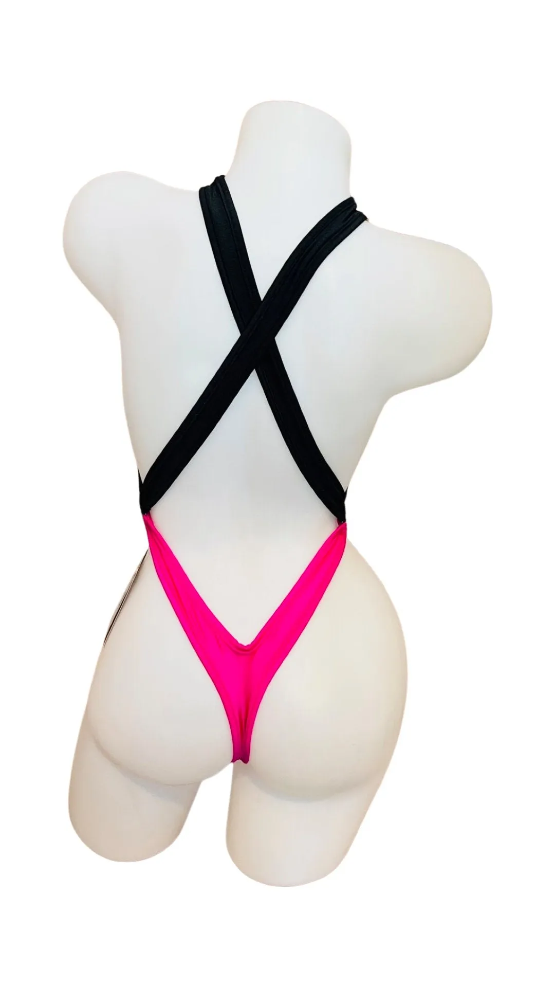 Cross Shoulder Bodysuit Black/Pink