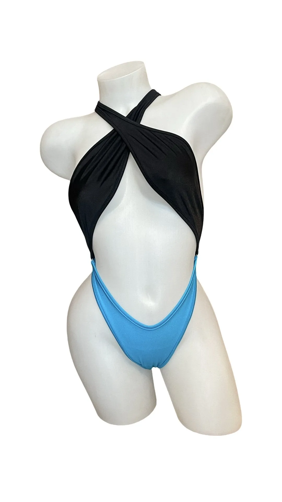 Cross Shoulder Bodysuit Black/Turquoise