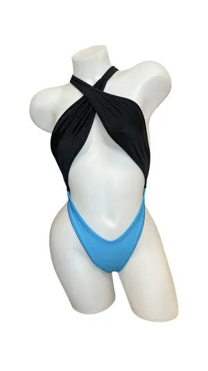 Cross Shoulder Bodysuit Black/Turquoise