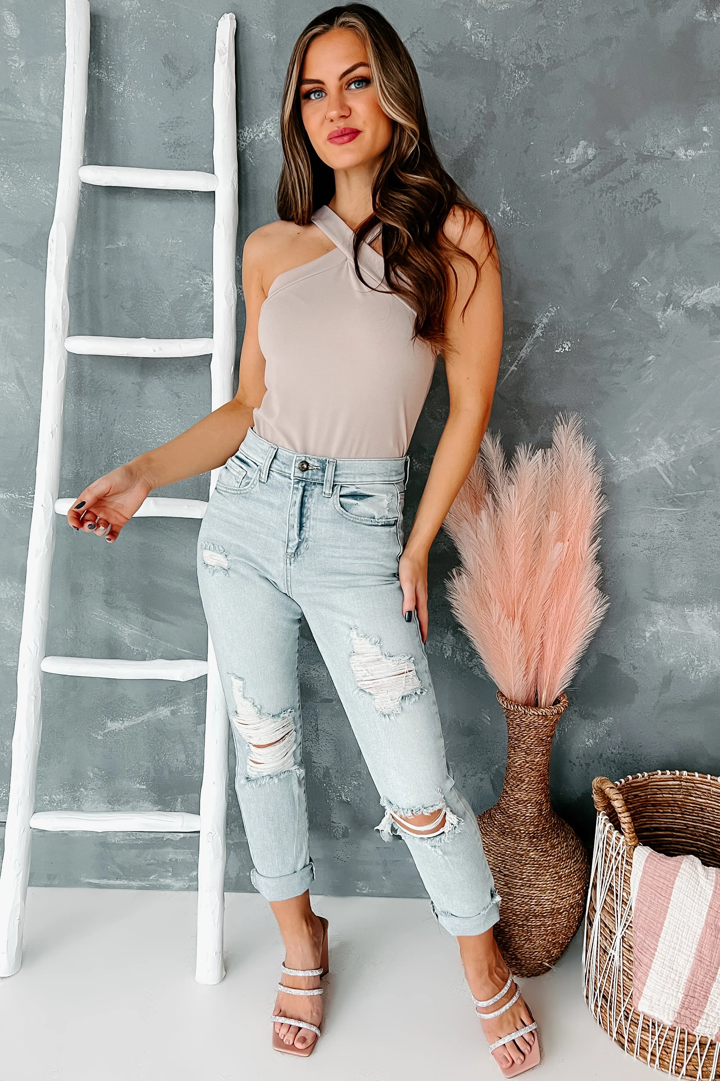 Cut The Antics Halter Neck Bodysuit (Light Taupe)