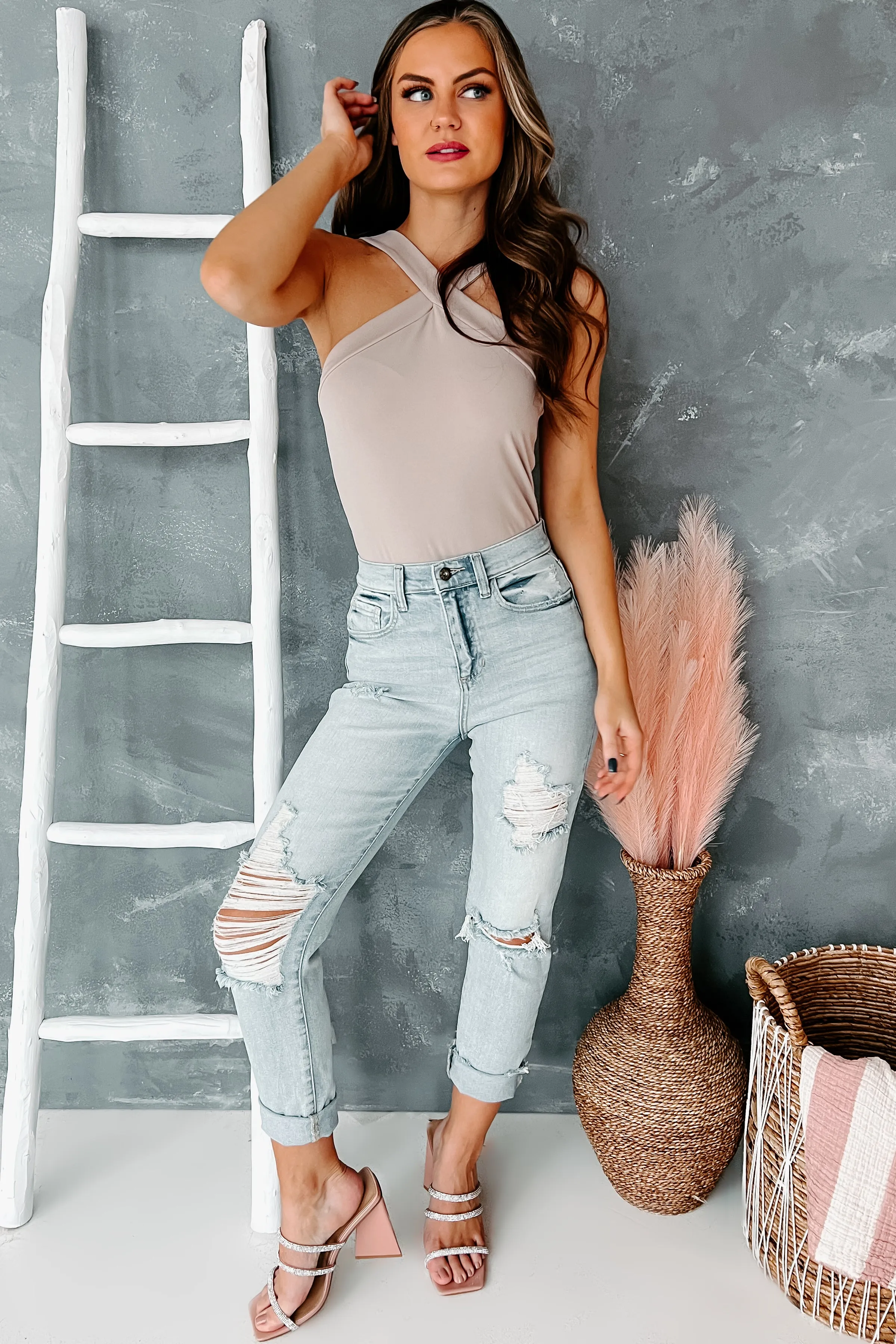 Cut The Antics Halter Neck Bodysuit (Light Taupe)