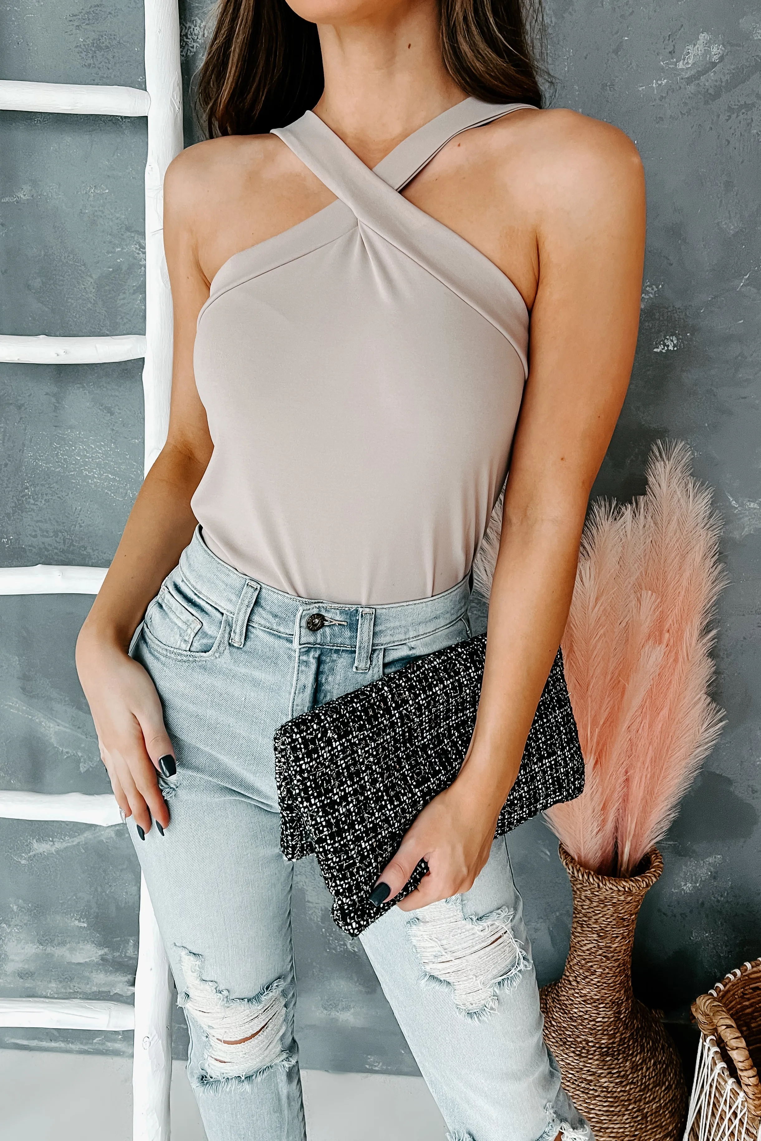 Cut The Antics Halter Neck Bodysuit (Light Taupe)