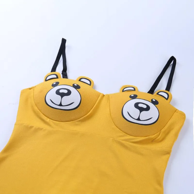 Cute Chiffon Bear Print Spaghetti Strap Bodysuits