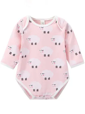 Cute Sheep Printed Long Sleeve Bodysuits for Infant Babies