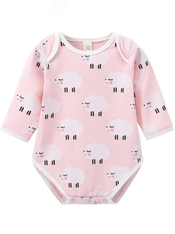 Cute Sheep Printed Long Sleeve Bodysuits for Infant Babies