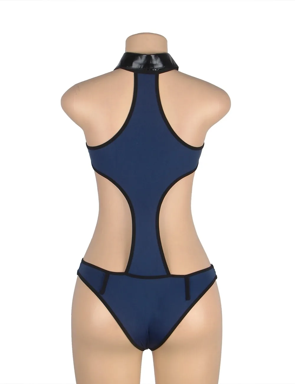 Dark Blue V Neck Zipper Front Hollow Out Bodysuit Police Egypt Costume with Badge