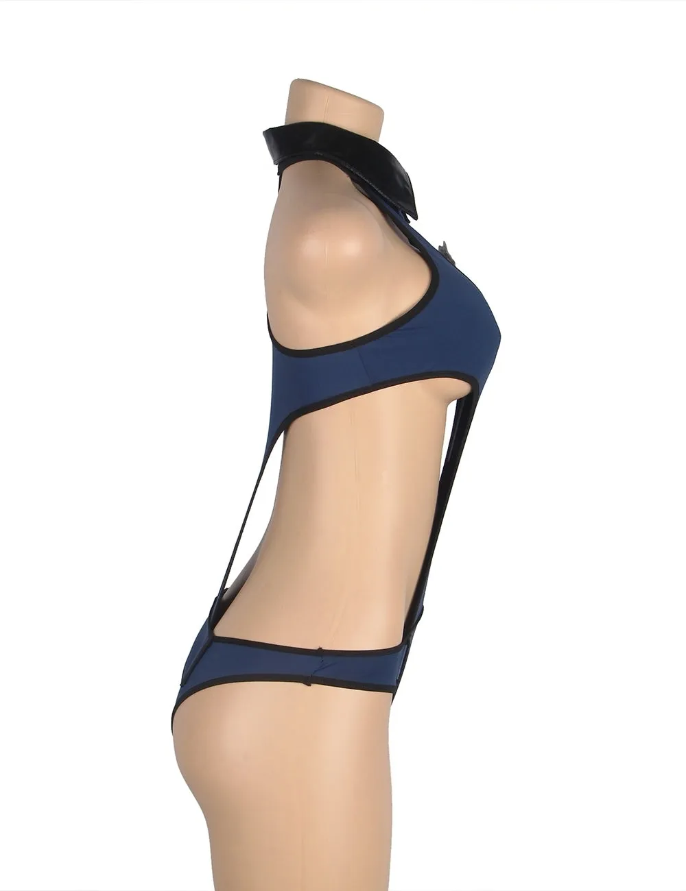Dark Blue V Neck Zipper Front Hollow Out Bodysuit Police Egypt Costume with Badge