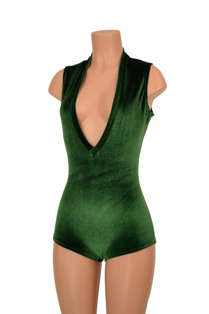 Deep Plunge Green Velvet Romper