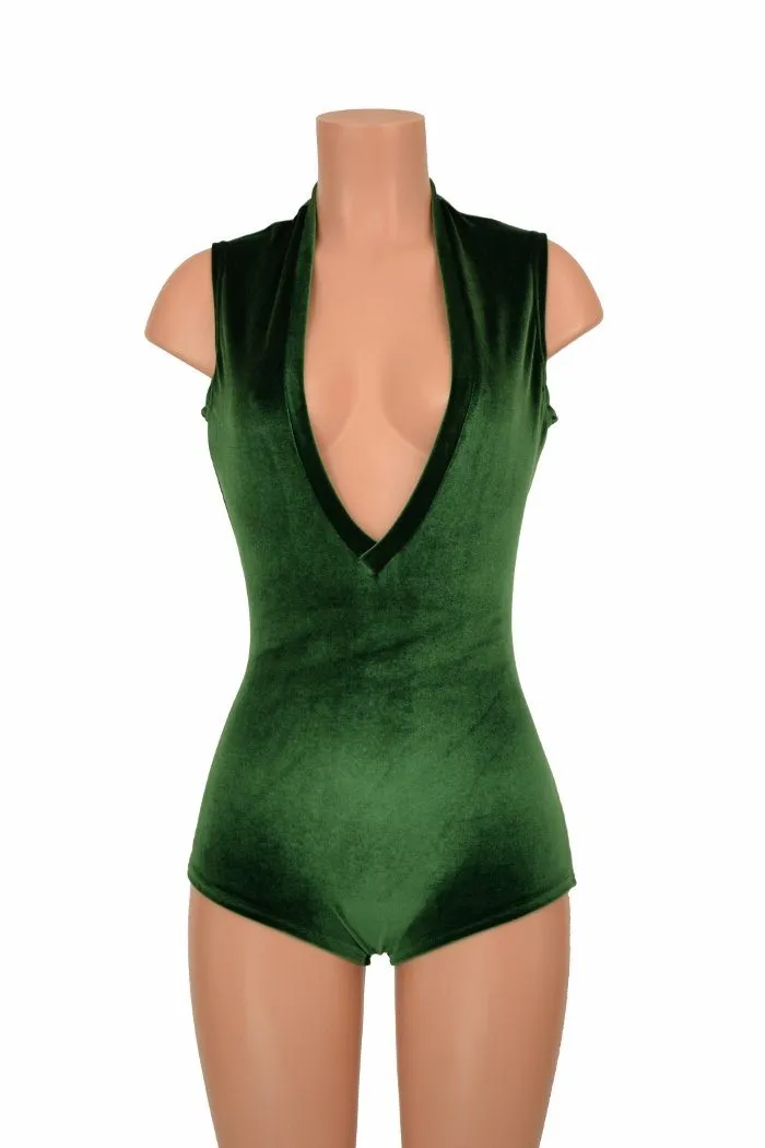 Deep Plunge Green Velvet Romper
