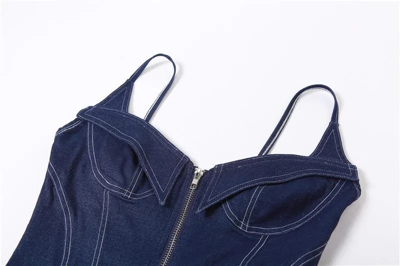 Denim zip-up backless v neck stitch cami bodysuit goth Alternative Darkwave Fashion goth Emo Darkwave Fashion