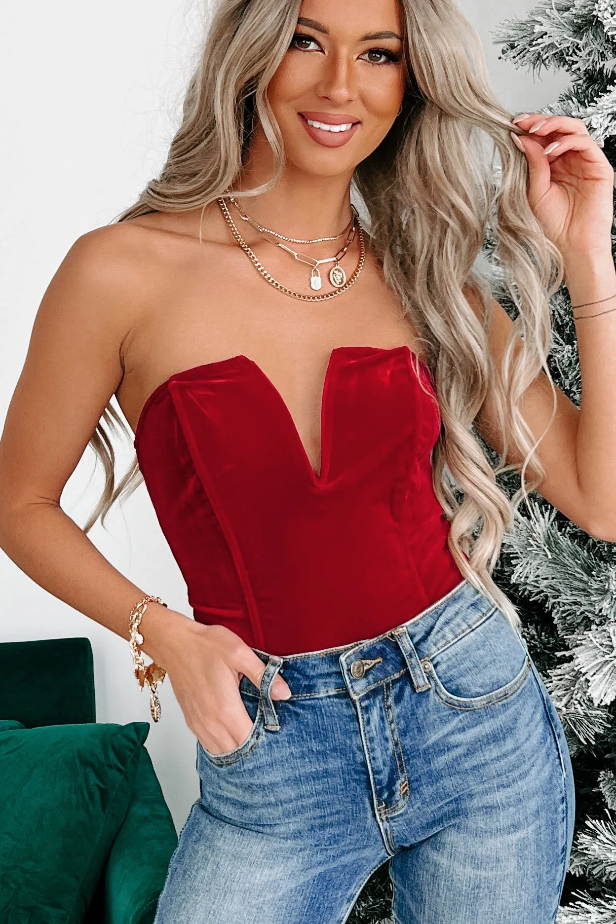 Doorbuster- Divine Decadence Velvet Bodysuit (Crimson)