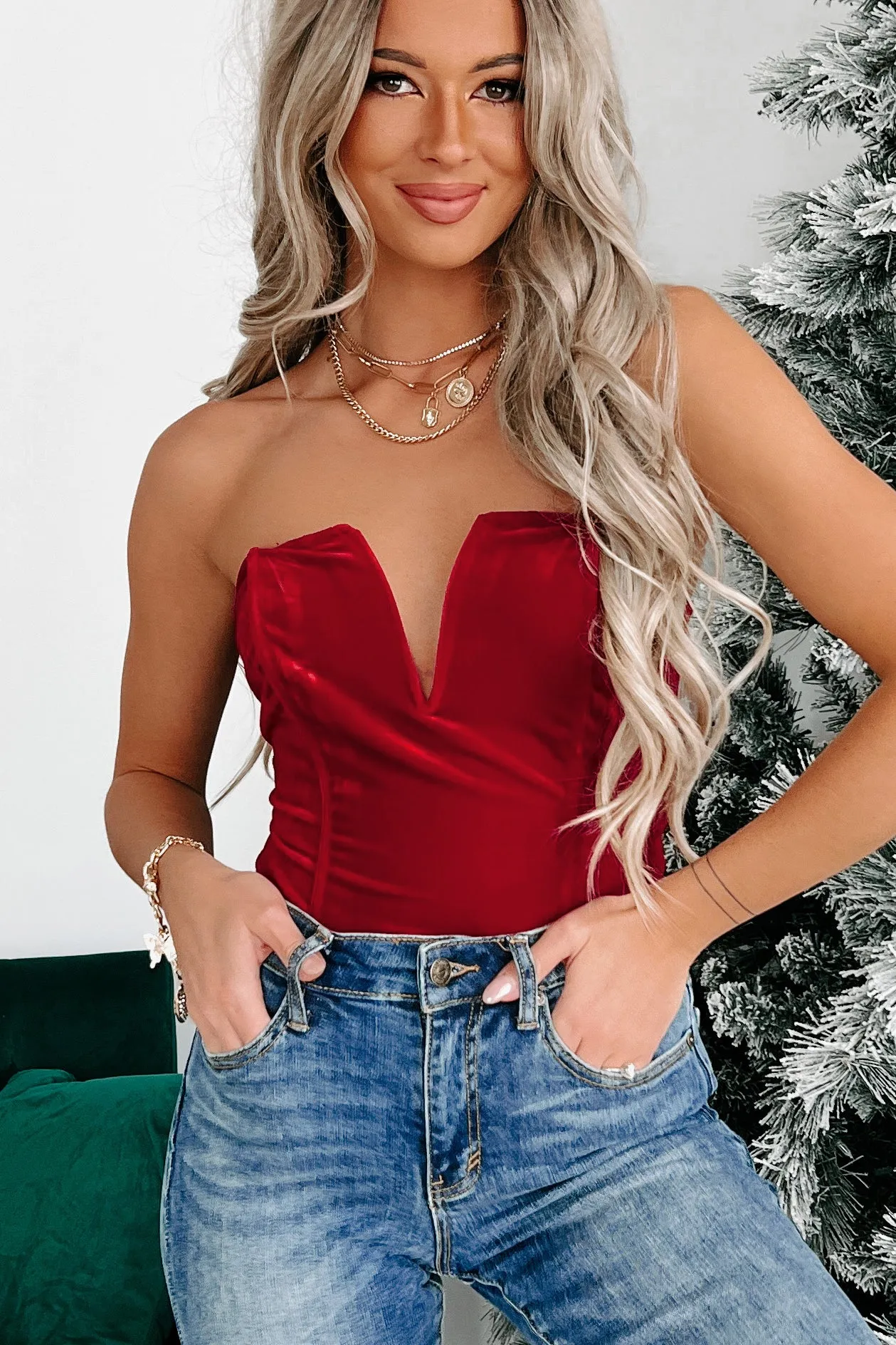 Doorbuster- Divine Decadence Velvet Bodysuit (Crimson)