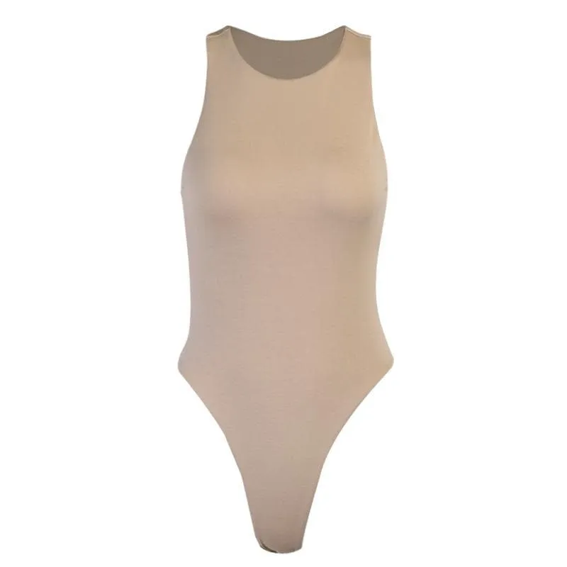 Double layered open back solid round neck sleeveless bodysuit