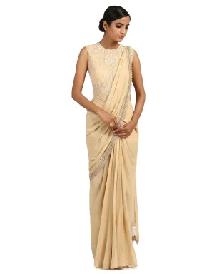 Drape Saree with Embroidered Bodysuit- Antique Beige