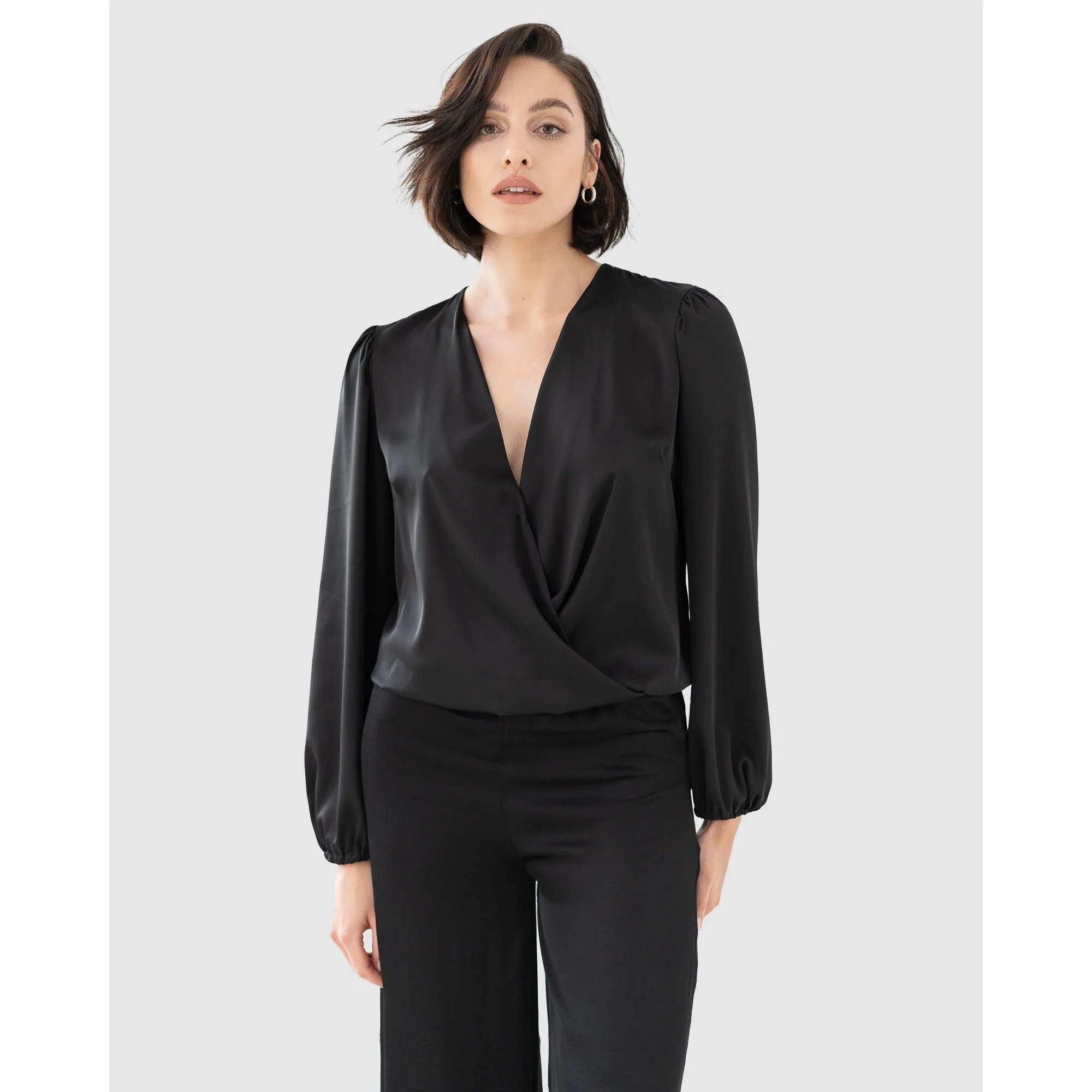 Draped Satin Long Sleeve Blouse Bodysuit