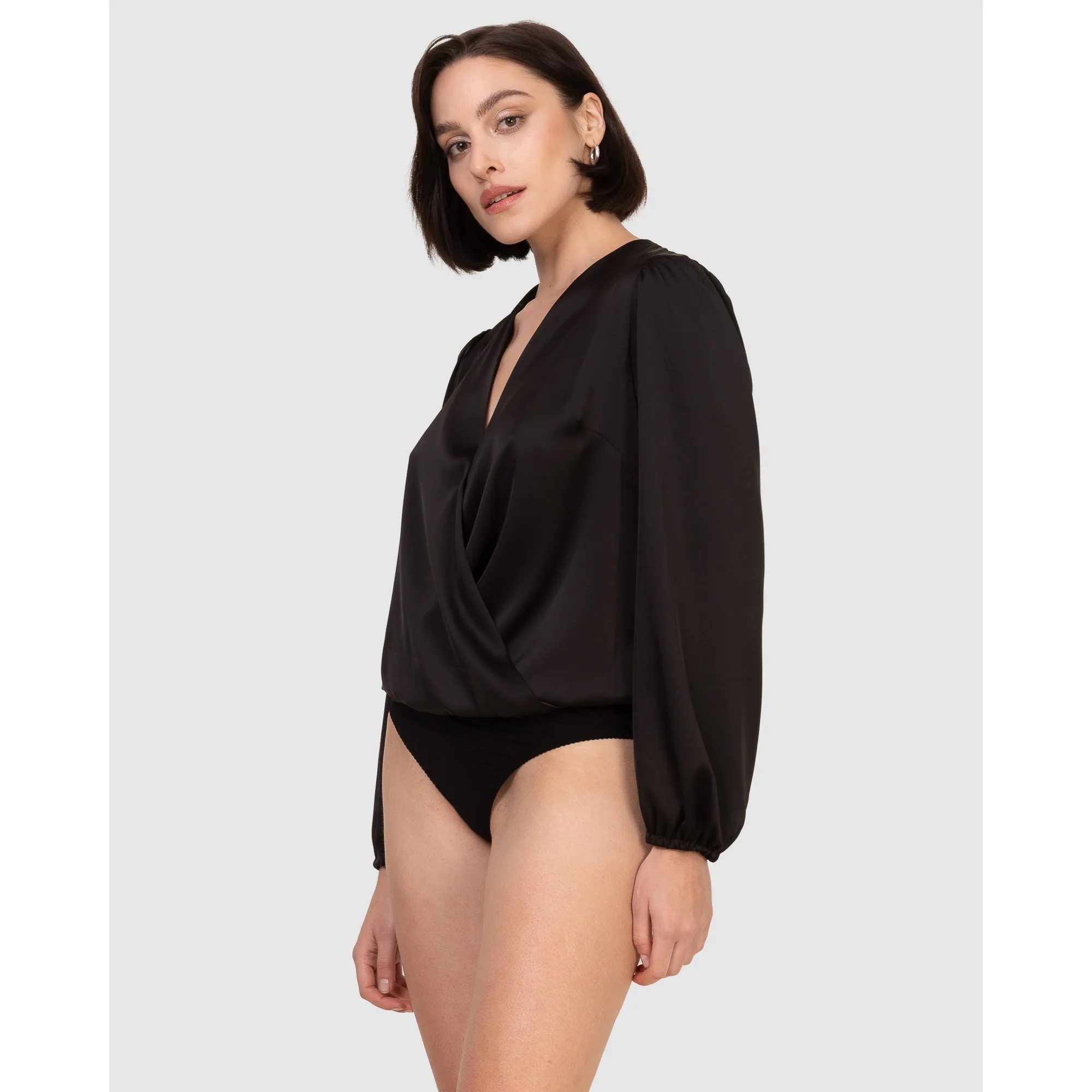 Draped Satin Long Sleeve Blouse Bodysuit