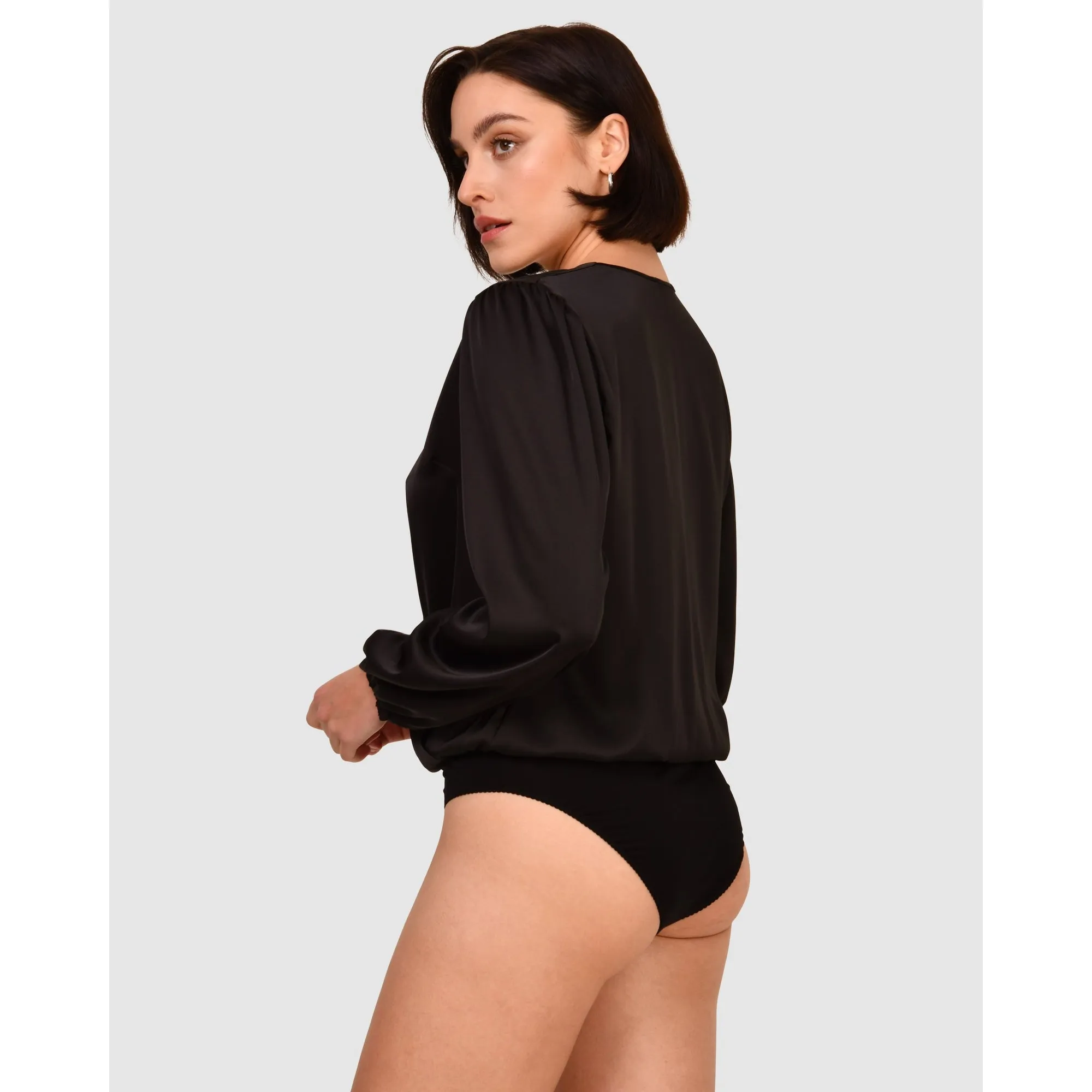 Draped Satin Long Sleeve Blouse Bodysuit