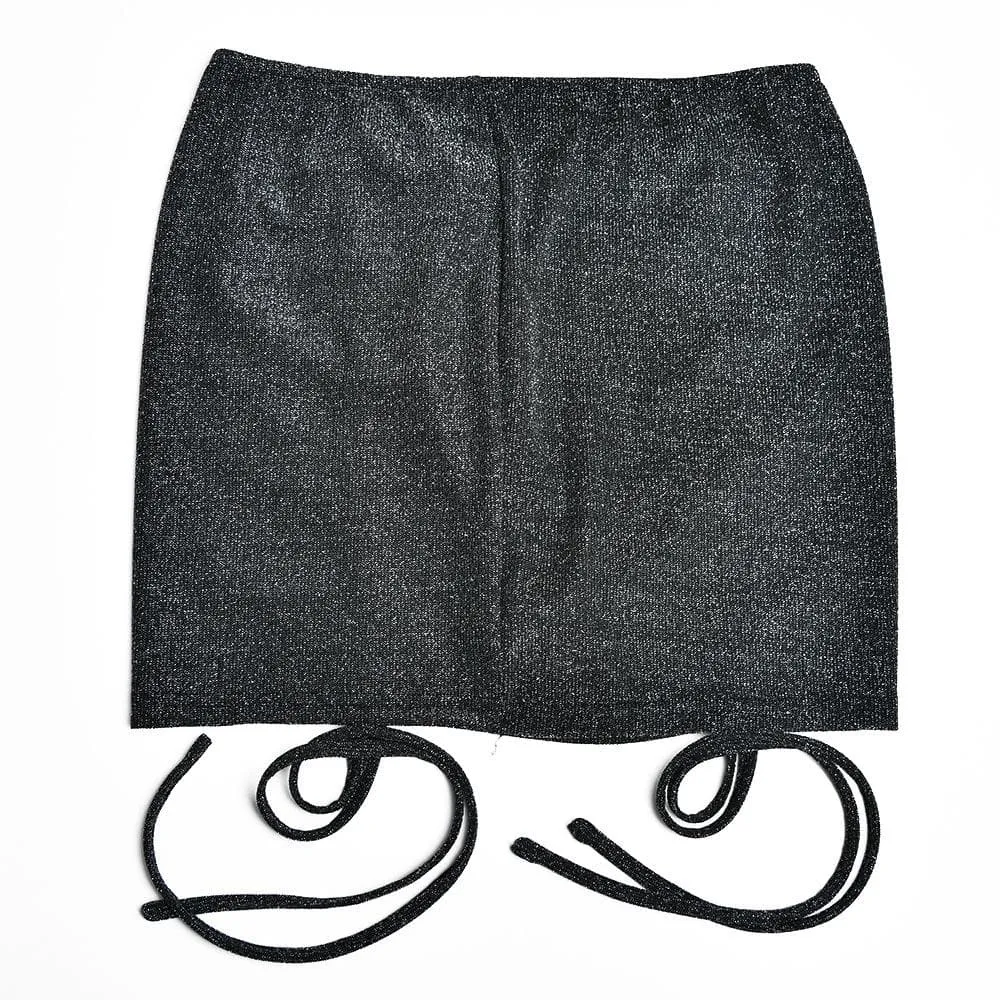 Drawstring textured backless solid bodysuit mini skirt set