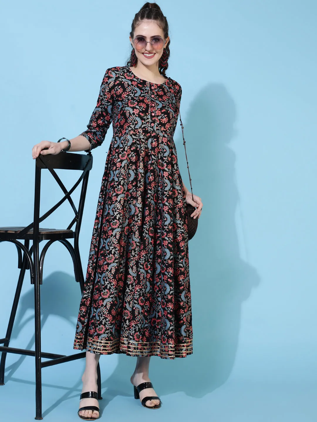 DRESS - BLACK, RAYON ANKLE LENGTH PRINTED FLARED