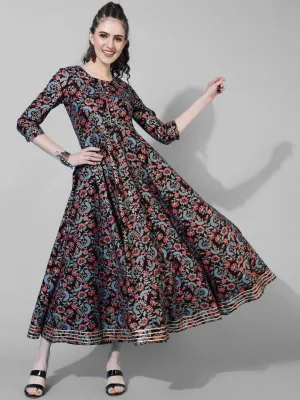 DRESS - BLACK, RAYON ANKLE LENGTH PRINTED FLARED