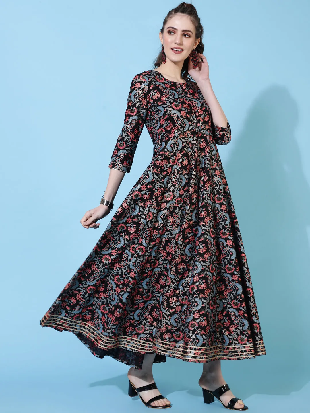 DRESS - BLACK, RAYON ANKLE LENGTH PRINTED FLARED
