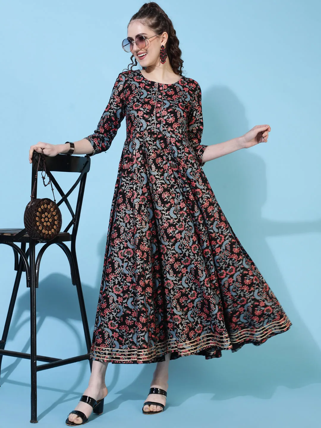 DRESS - BLACK, RAYON ANKLE LENGTH PRINTED FLARED