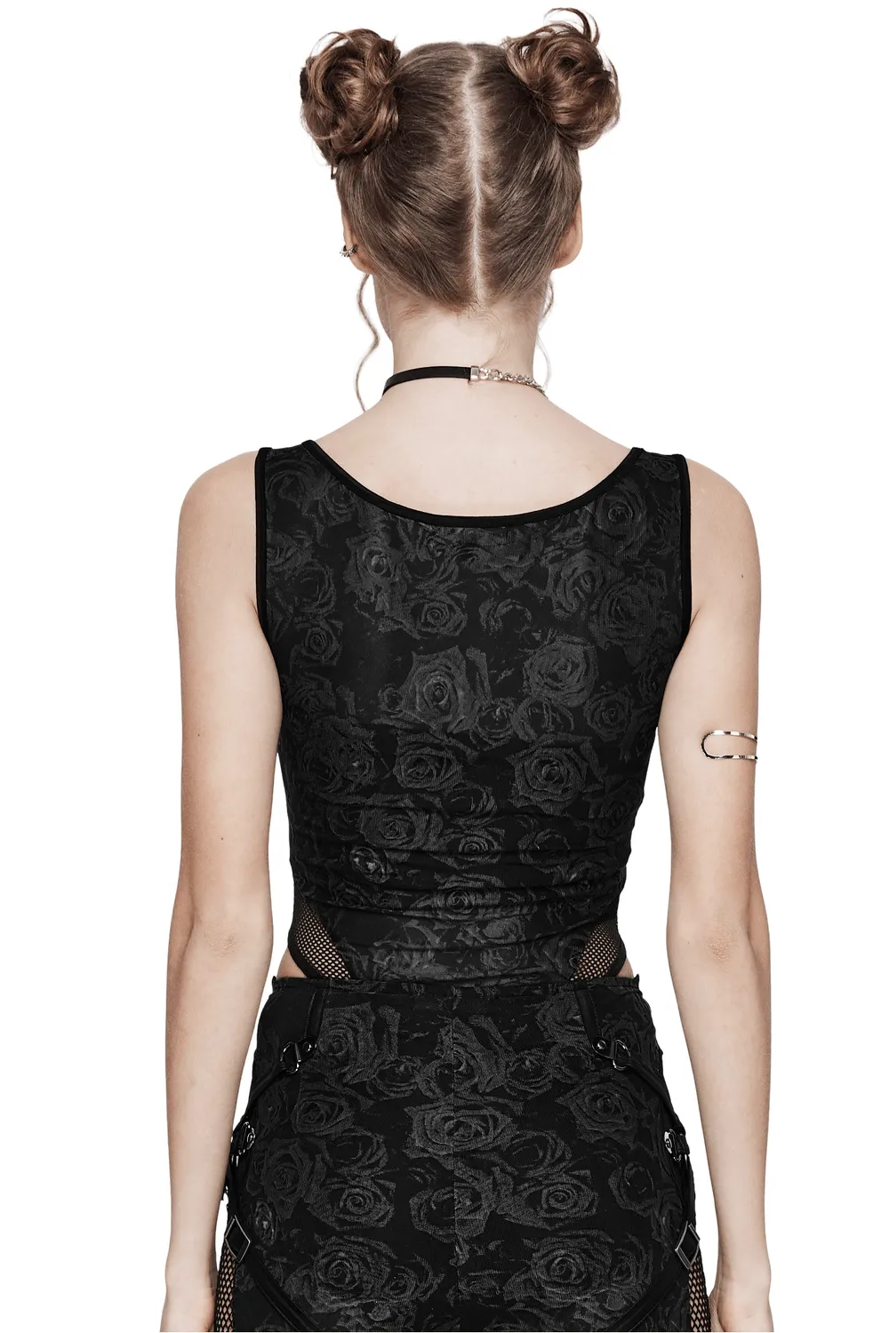 Edgy Women's Black Floral Bodysuit with Mesh Accents